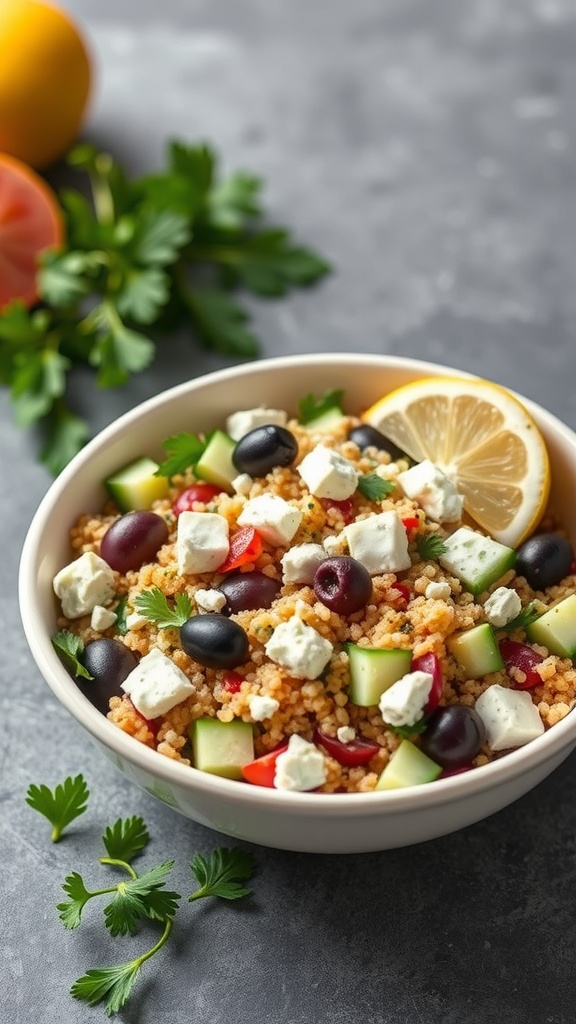 A colorful Mediterranean quinoa salad with vegetables and feta cheese.