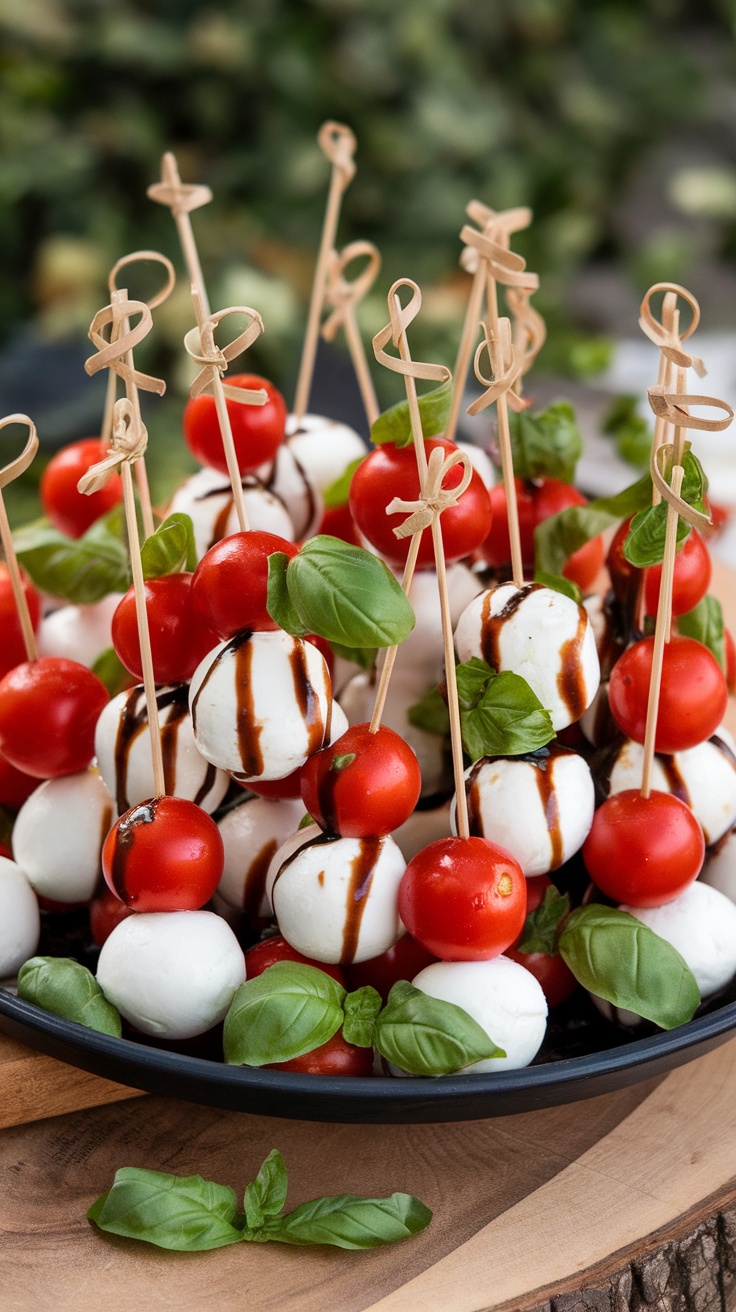 Mini Caprese skewers with tomatoes, mozzarella, basil, and balsamic glaze.