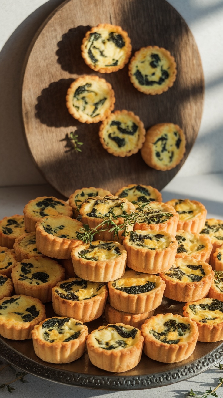 Mini quiches filled with spinach and cheese on a decorative platter.