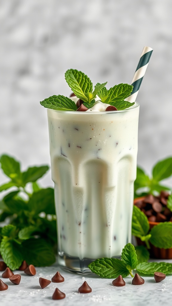 A refreshing mint chocolate chip milkshake topped with mint leaves and a chocolate chip.