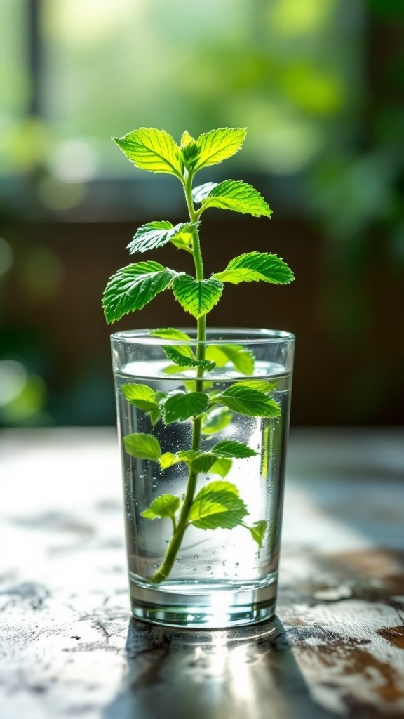 A fresh mint stem growing in a glass of water, showcasing vibrant green leaves.