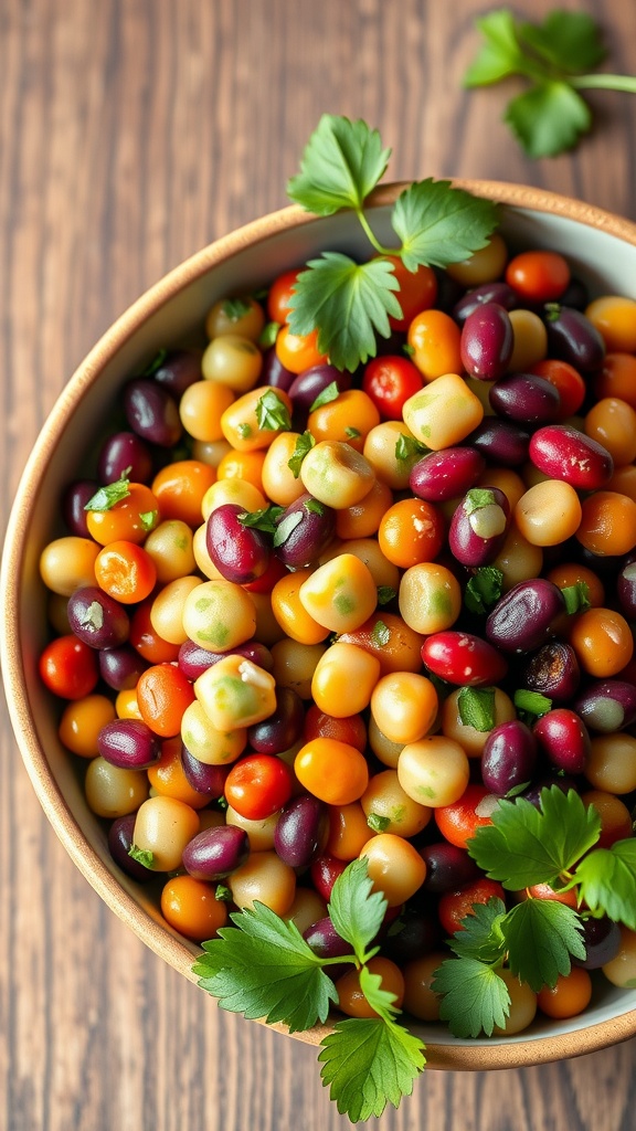 A bowl of colorful mixed bean salad with fresh herbs