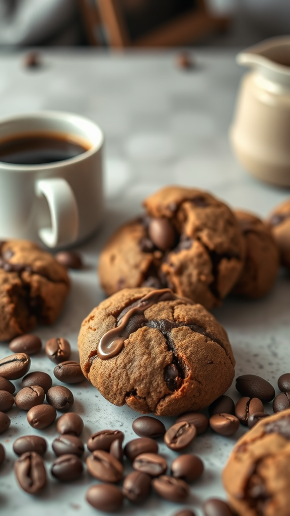 Mocha Coffee Cookies with chocolate drizzle and coffee beans