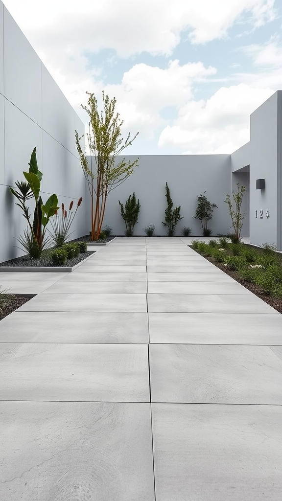 Modern outdoor pathway with large concrete slabs and surrounding greenery.