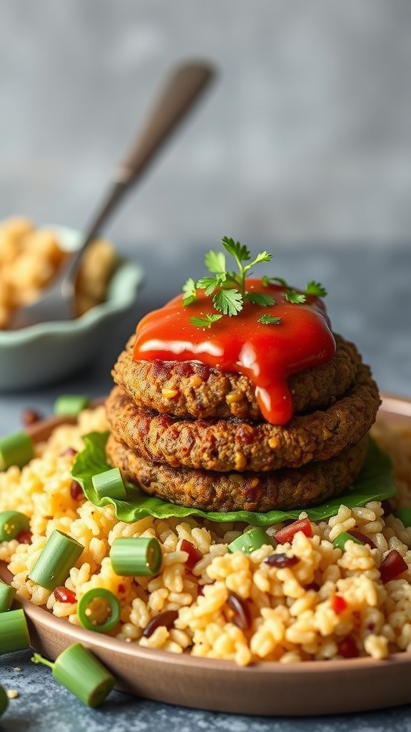 A delicious Moroccan spiced lentil burger served with rice and garnished with ketchup and cilantro.