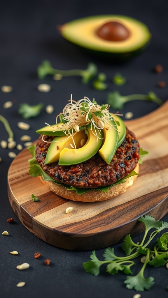 Mushroom and lentil burger topped with avocado slices on a wooden serving board