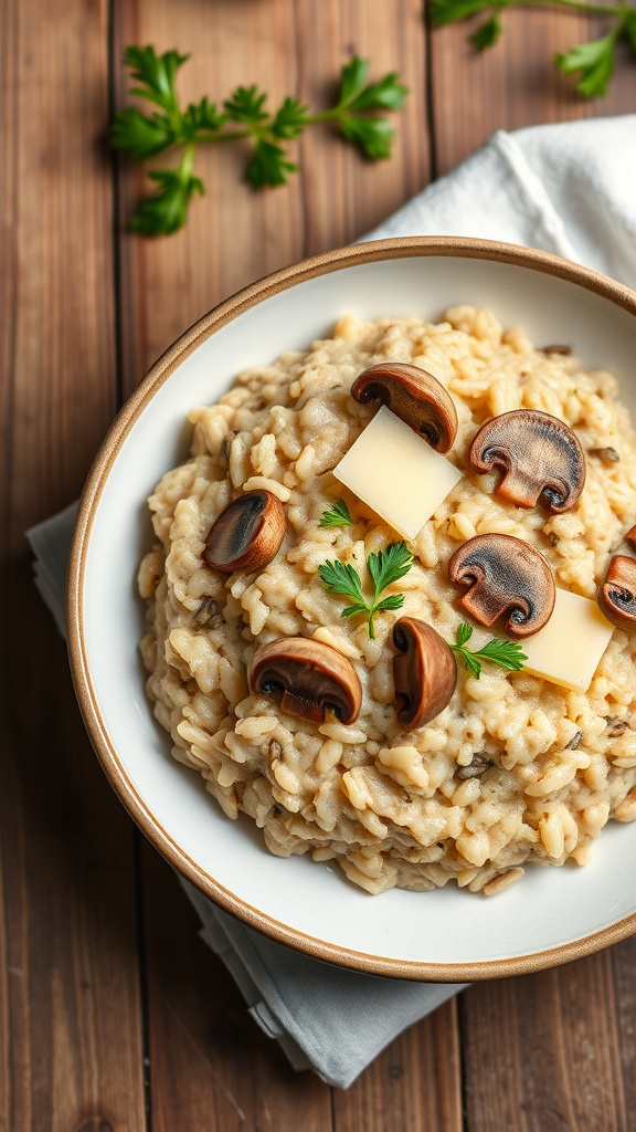 A bowl of creamy mushroom risotto topped with mushrooms and herbs.