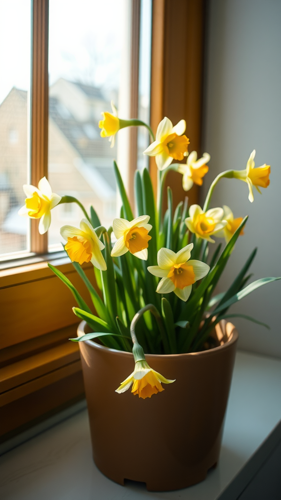 A pot of Narcissus (daffodils) with yellow blooms by a sunny window