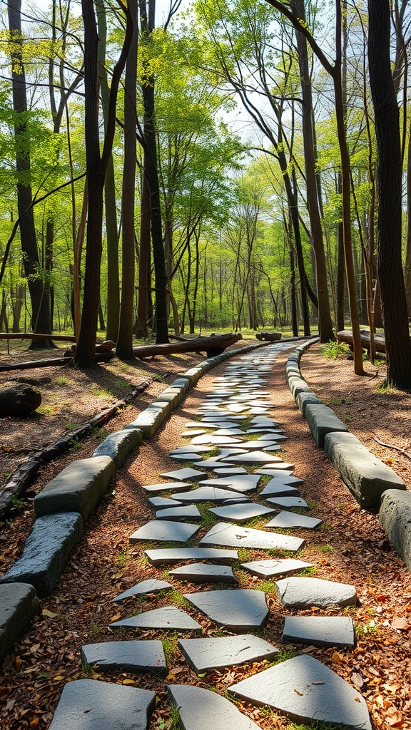 A winding natural stone pathway through a forest with green trees and a sunny sky.