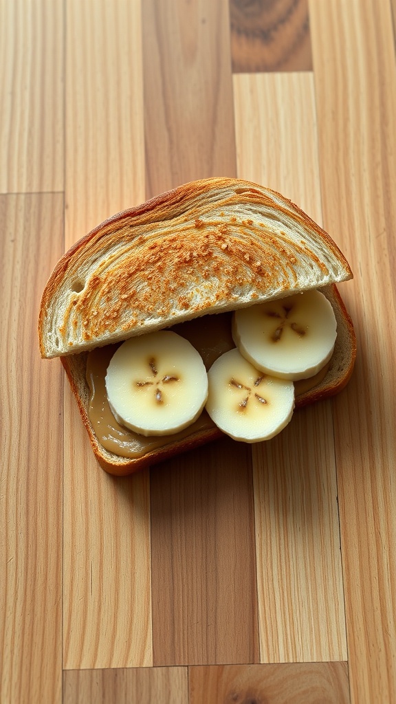 A delicious nut butter and banana sandwich on wooden background.