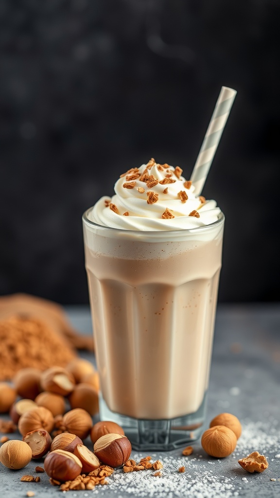 A delicious hazelnut milkshake topped with whipped cream and crushed hazelnuts.