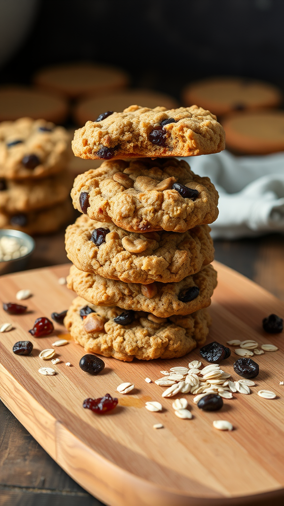 A stack of oatmeal raisin cookies on a wooden board with oats and raisins scattered around.