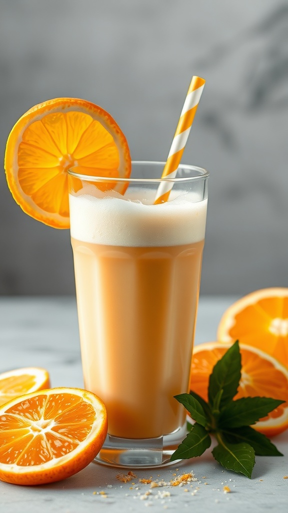 An orange creamsicle shake with a slice of orange