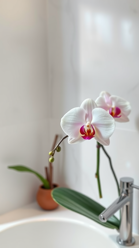 A beautiful orchid with white and pink petals near a modern faucet in a bathroom setting.