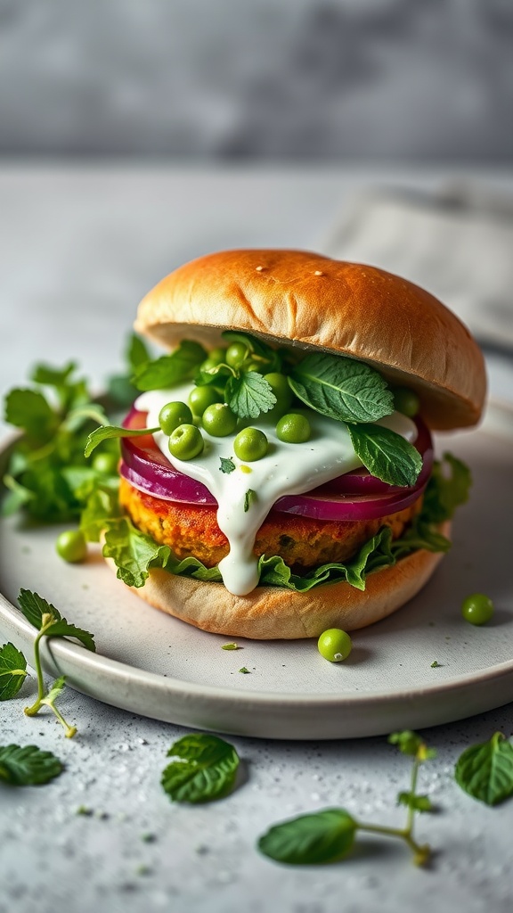 A delicious Pea and Mint Burger with fresh toppings and a soft bun.