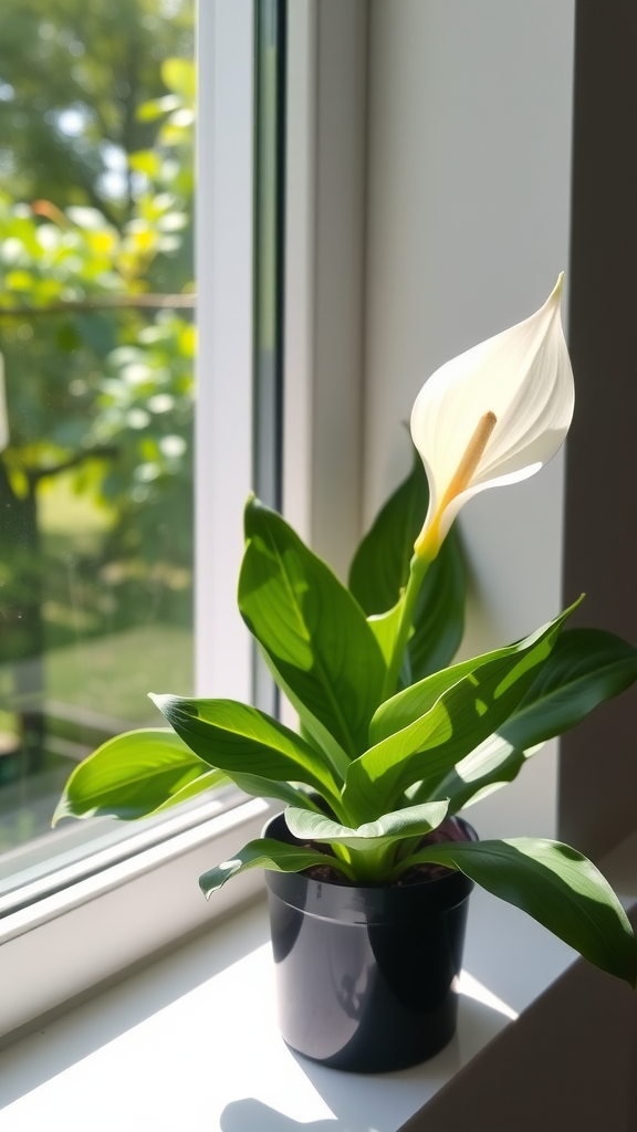 A Peace Lily with white blooms and green leaves positioned by a window.