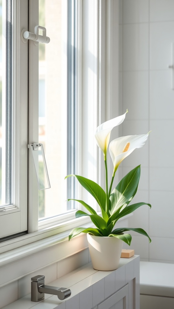 A Peace Lily with white blooms in a bright bathroom