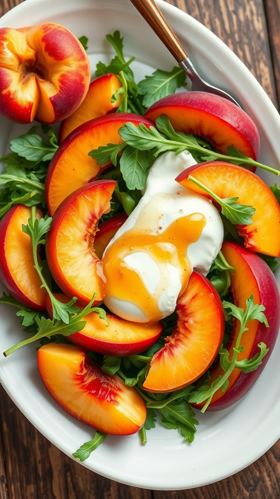 A refreshing Peach and Burrata Salad with arugula, peaches, and creamy burrata cheese.