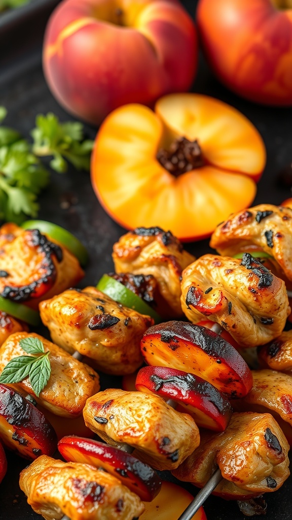 Peach and Chicken Kabobs with fresh peaches and vegetables