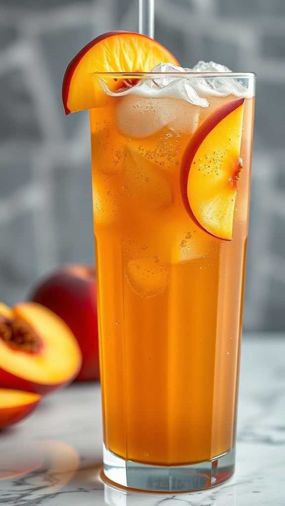 A refreshing glass of peach iced tea fizz garnished with peach slices.