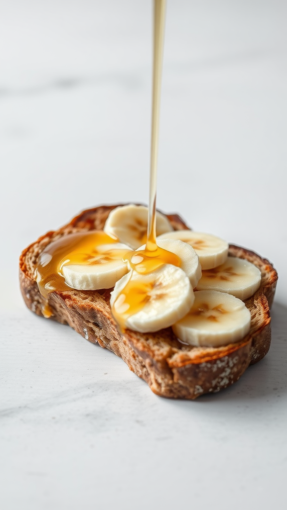 Toast with peanut butter, banana slices, and honey drizzle.