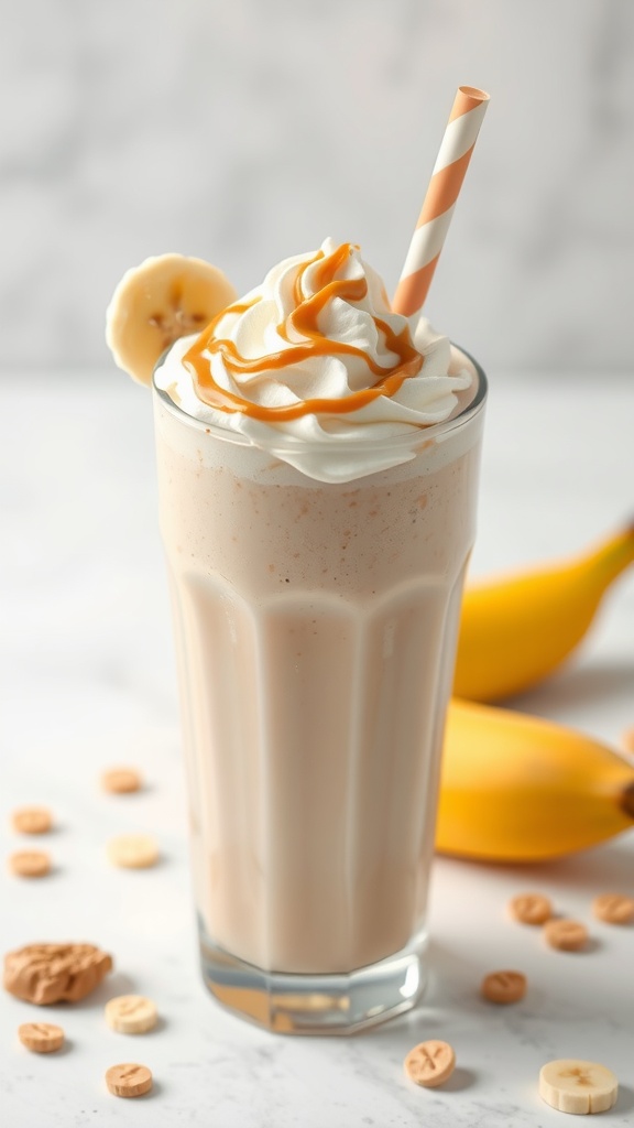 A delicious peanut butter banana milkshake topped with whipped cream and a drizzle of caramel.