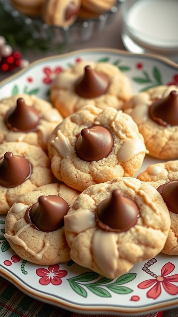 Plate of Peanut Butter Blossom Cookies topped with chocolate kisses