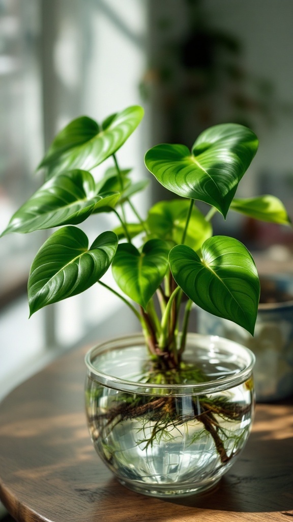 A Philodendron plant with heart-shaped leaves growing in a glass bowl filled with water.