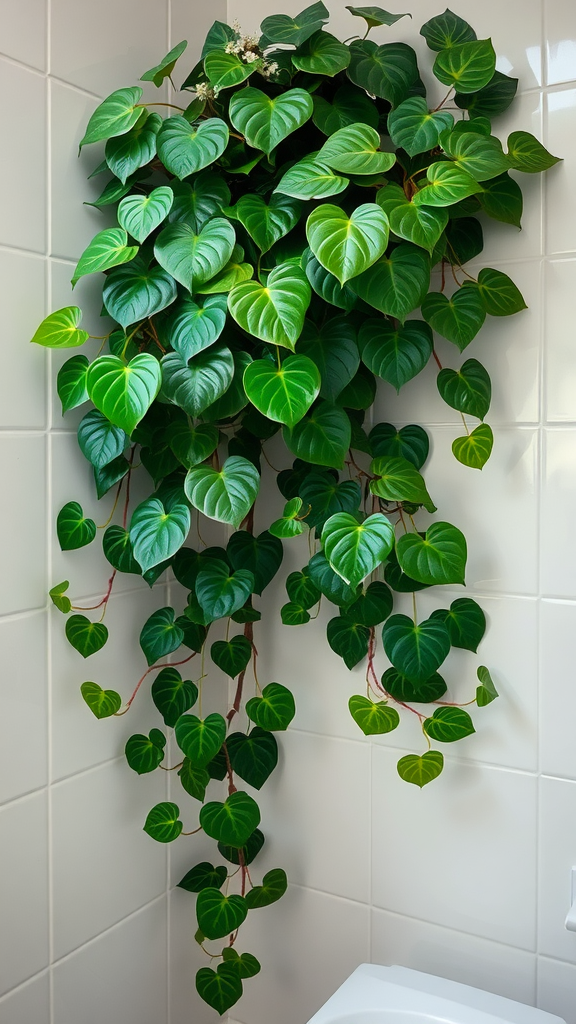 A lush Philodendron plant cascading down a bathroom wall