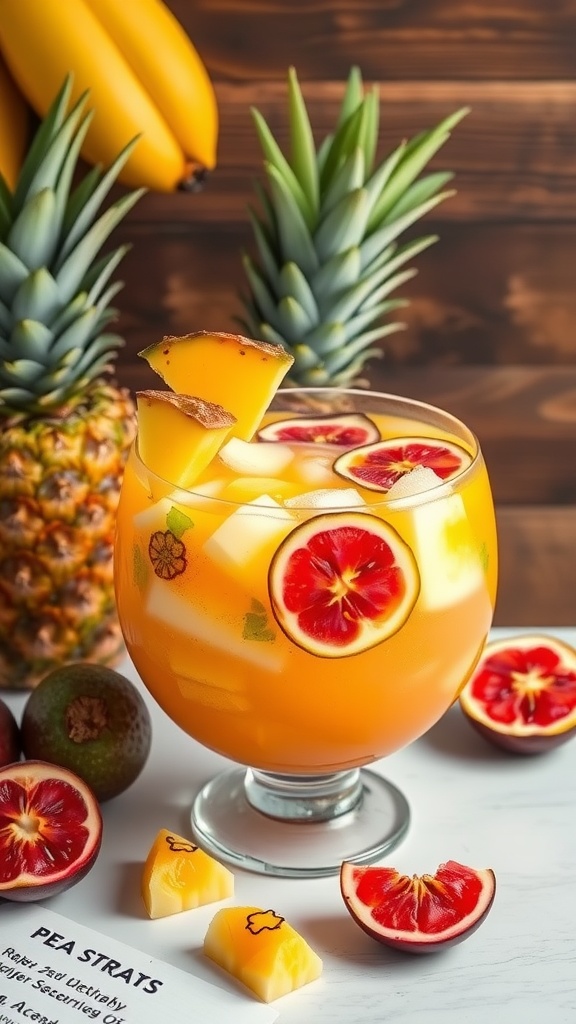 A refreshing pineapple passionfruit punch in a glass, garnished with fresh fruit.