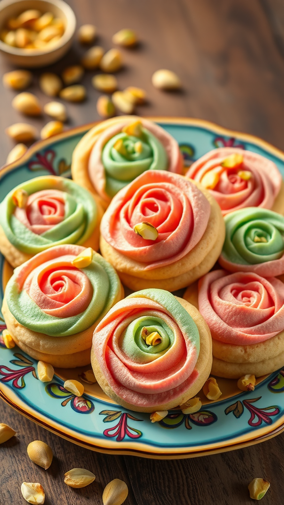 Colorful pistachio and rose cookies arranged on a decorative plate