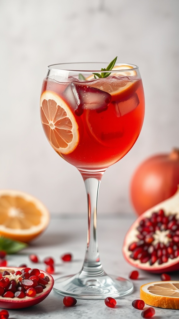 A refreshing Pomegranate Citrus Refresher drink garnished with lemon slices and pomegranate seeds, served in a glass.