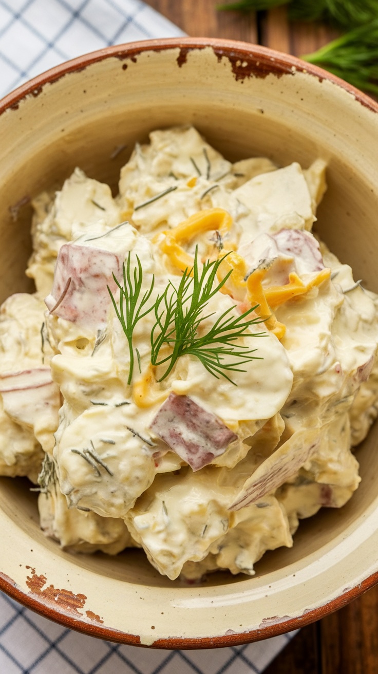 A bowl of creamy potato salad with dill and mustard garnished with fresh dill.