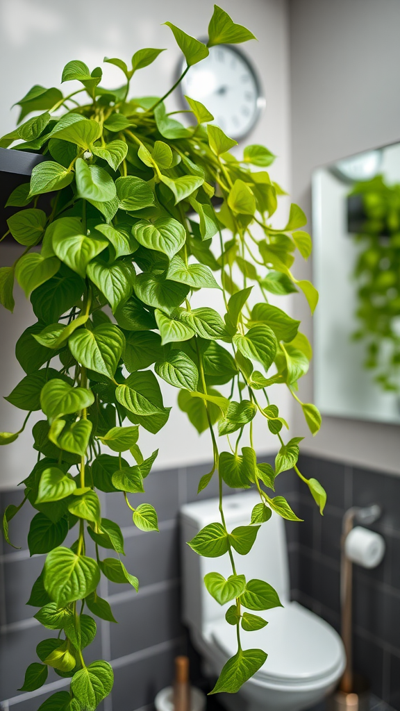 A vibrant Pothos plant trailing over a shelf in a modern bathroom setting.