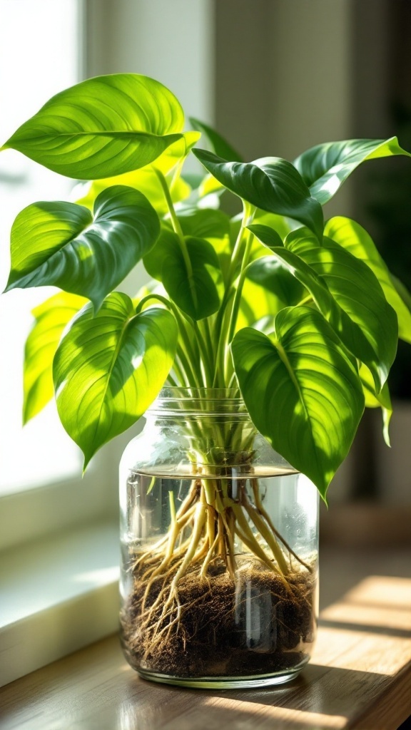 A healthy Pothos plant in a glass jar with water, showcasing its vibrant green leaves and roots.