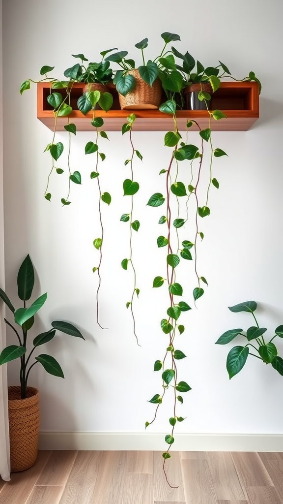 Indoor view of pothos plants on a shelf with trailing vines and green foliage.