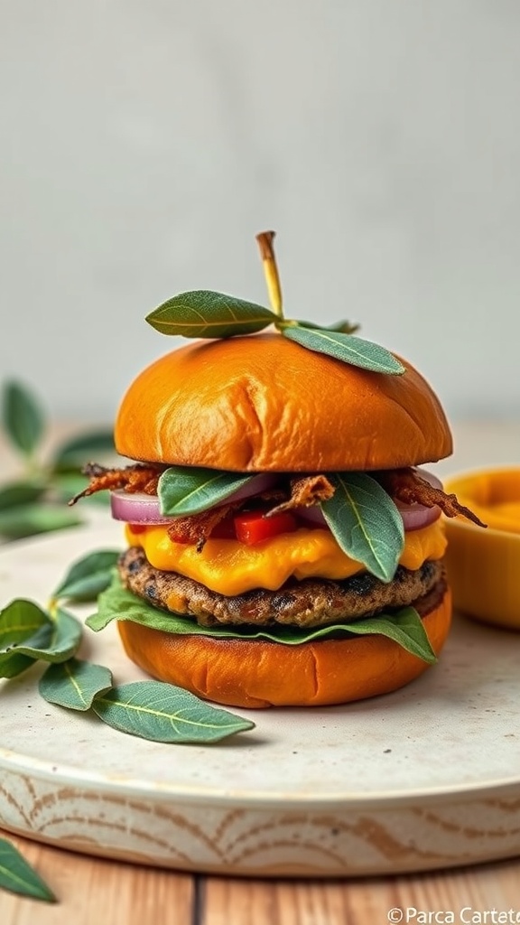 Pumpkin and Sage Burger with fresh greens and toppings