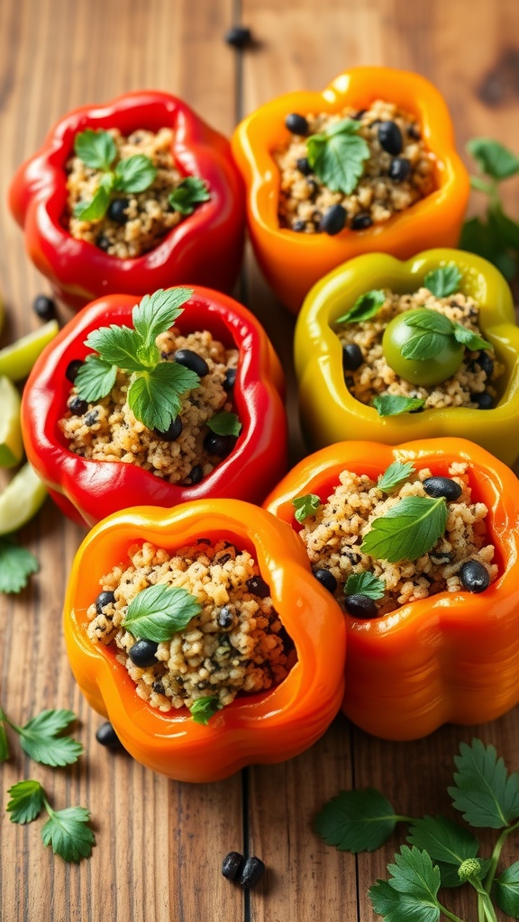 Colorful quinoa-stuffed bell peppers on a wooden table