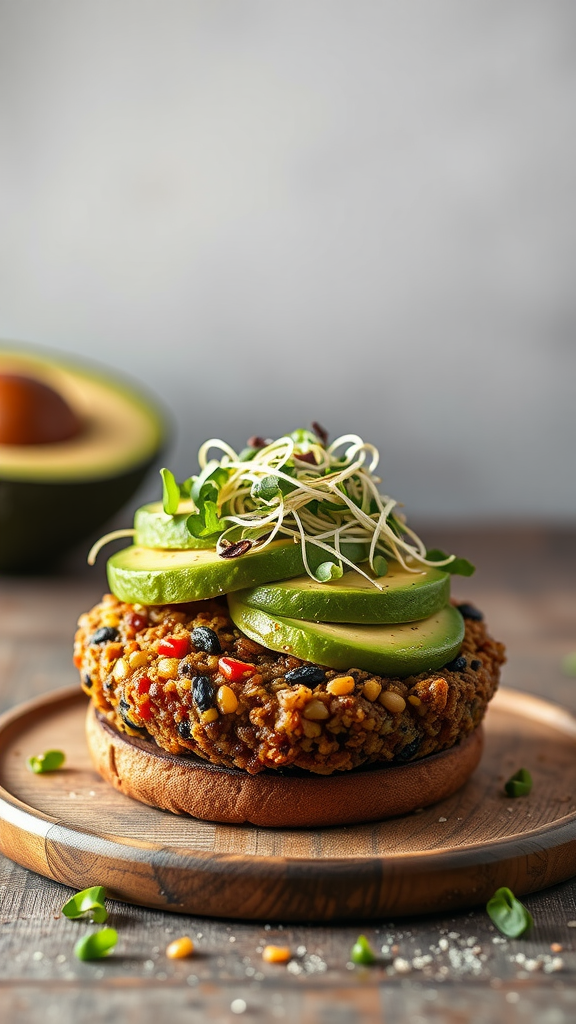 A quinoa and black bean burger topped with avocado slices and sprouts on a wooden plate.