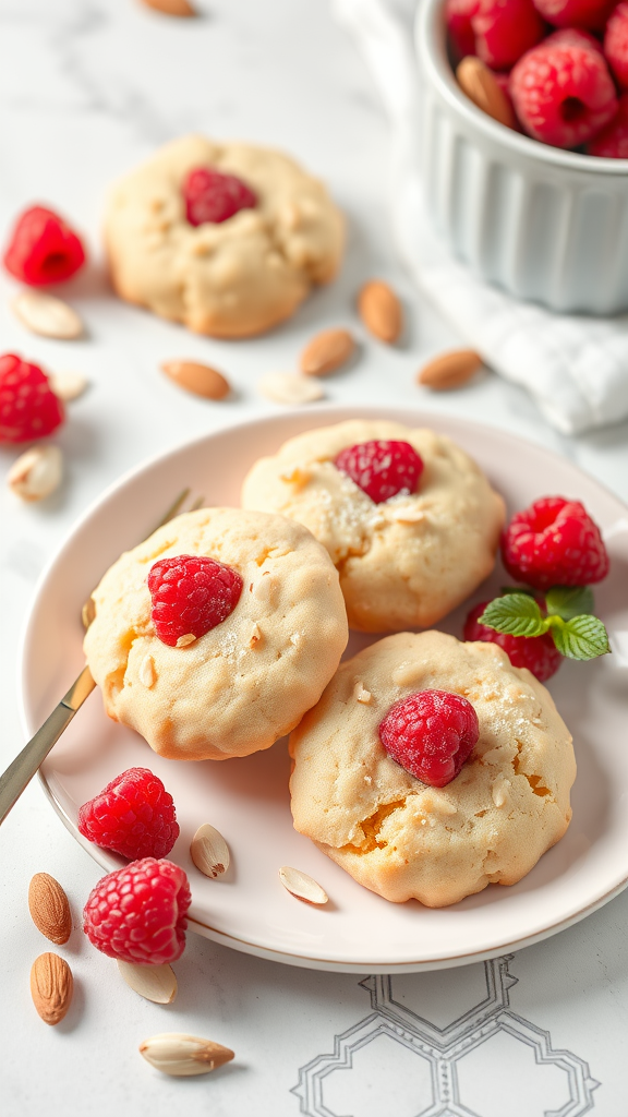 Plate of raspberry almond cookies with fresh raspberries and almonds