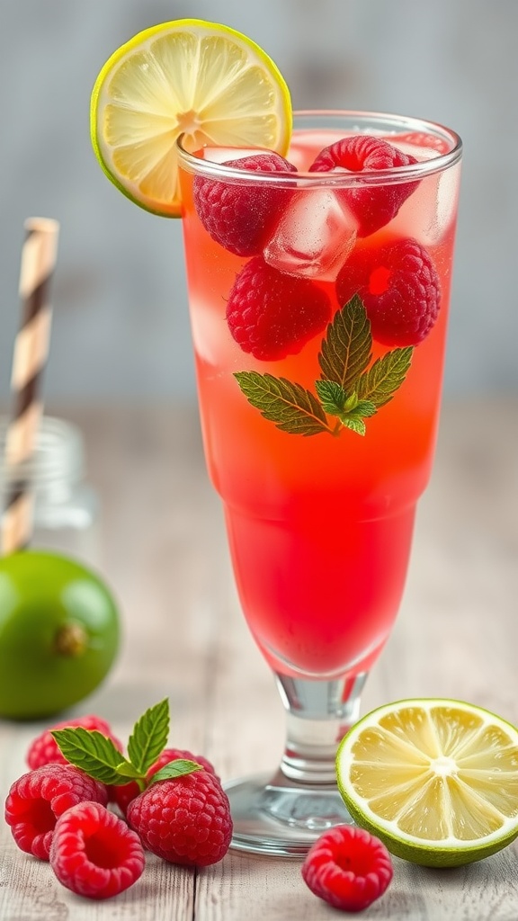 A refreshing glass of Raspberry Limeade with raspberries and mint leaves