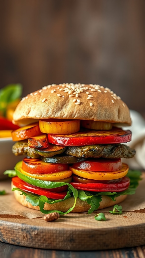 A delicious ratatouille veggie burger stacked high with colorful grilled vegetables.