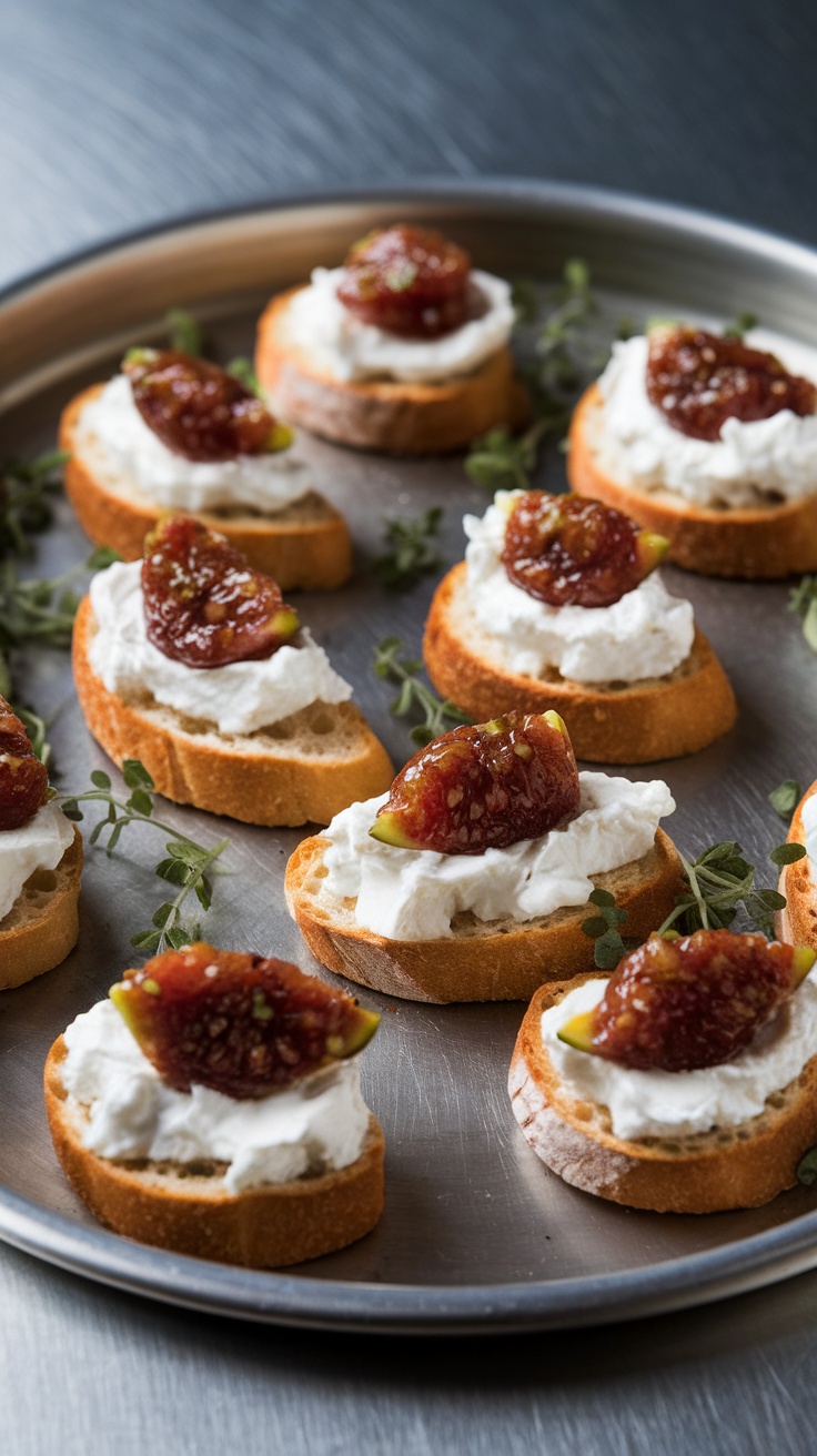 Goat cheese and fig crostini on a serving platter