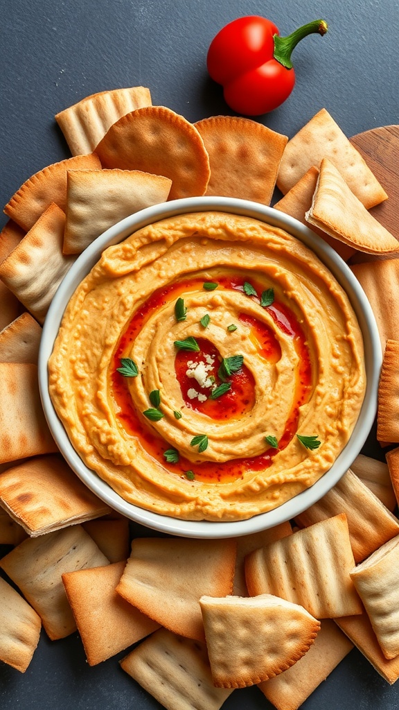 A bowl of roasted red pepper and feta dip surrounded by crackers