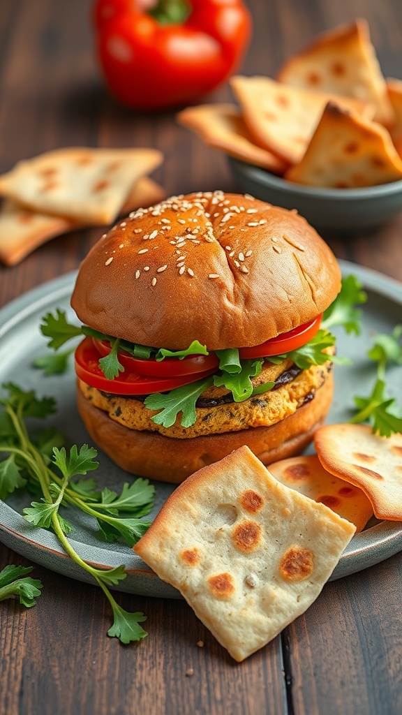 A delicious roasted red pepper and hummus burger on a plate with fresh greens and chips.