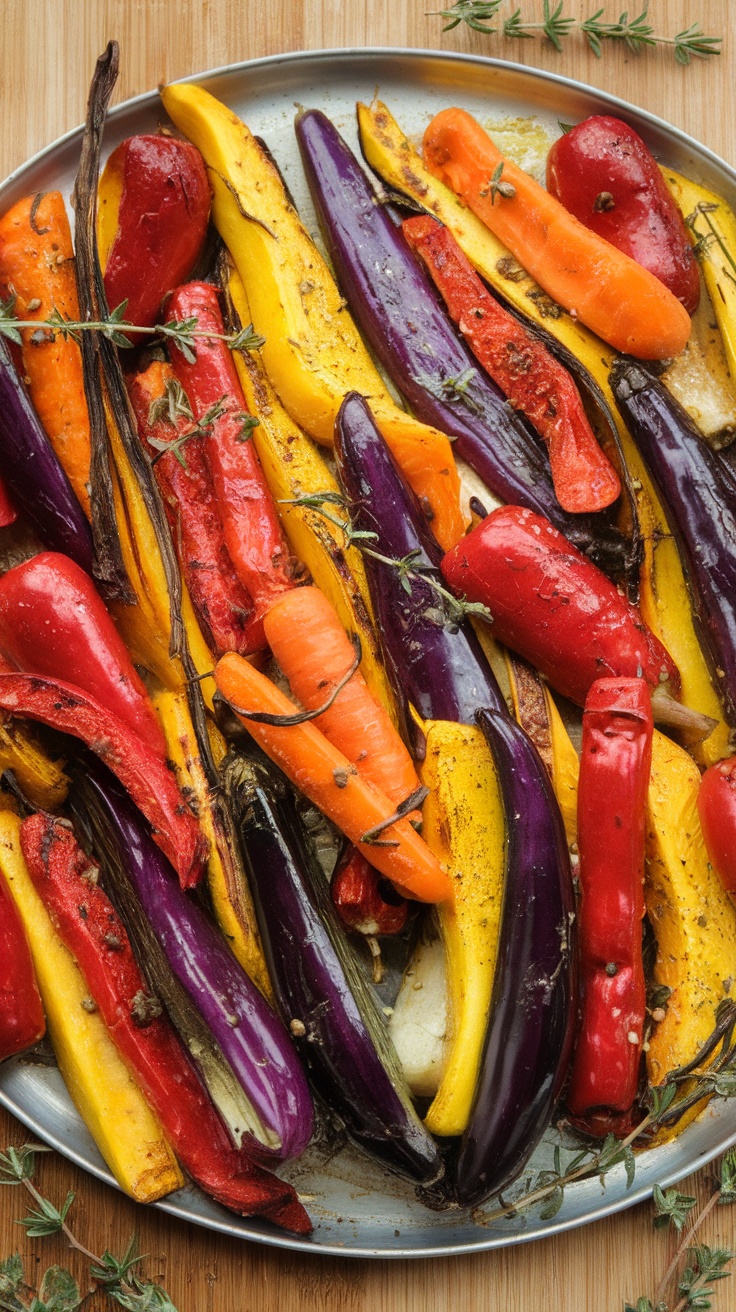 Colorful roasted vegetables on a silver platter