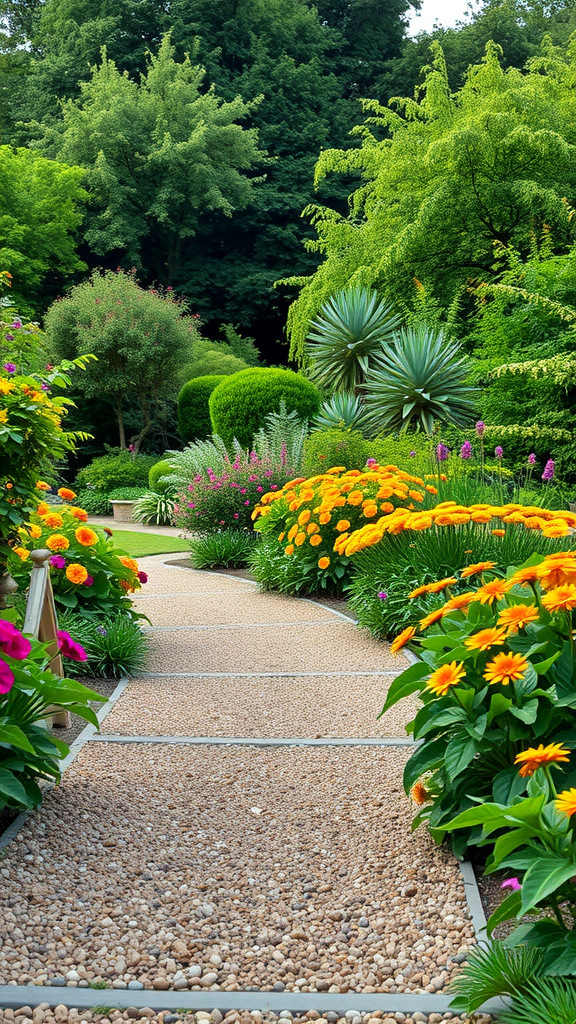 A beautiful rustic gravel pathway surrounded by colorful flowers and lush greenery.