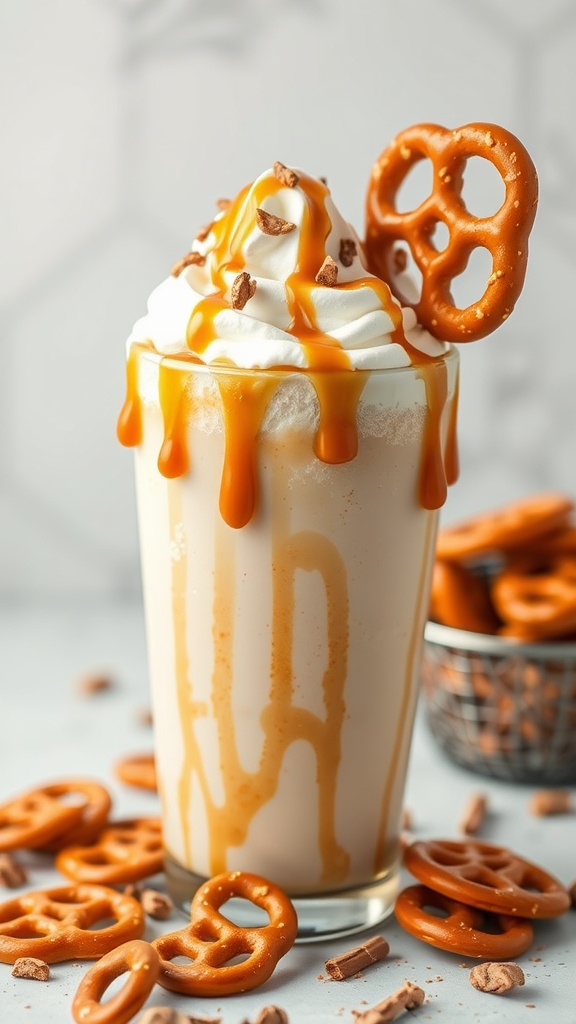 A delicious Salted Caramel Pretzel Shake topped with whipped cream and caramel sauce.