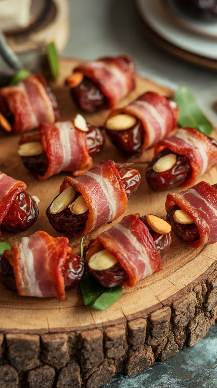 Bacon-wrapped dates filled with almonds on a wooden platter.