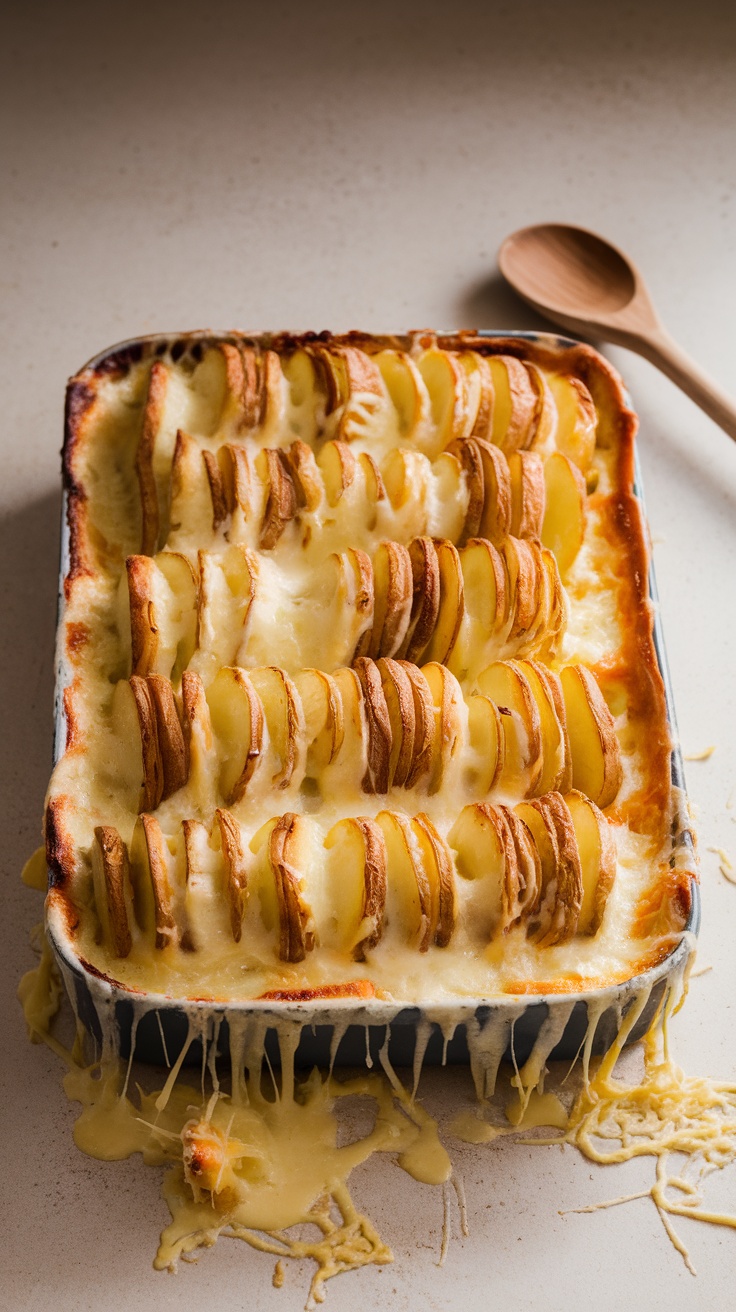 A dish of cheesy scalloped potatoes, layered with cheese and golden brown on top.